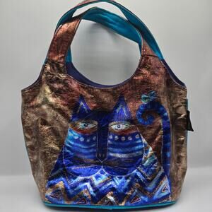 Laurel Burch blue cat metallic handbag snap closure top handles